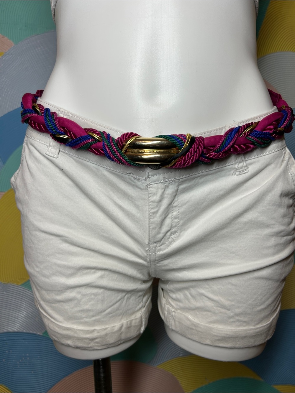 Vintage 1980s Ginnie Johansen Braided Fuchsia Multicolor Rope Belt Gold-Tone